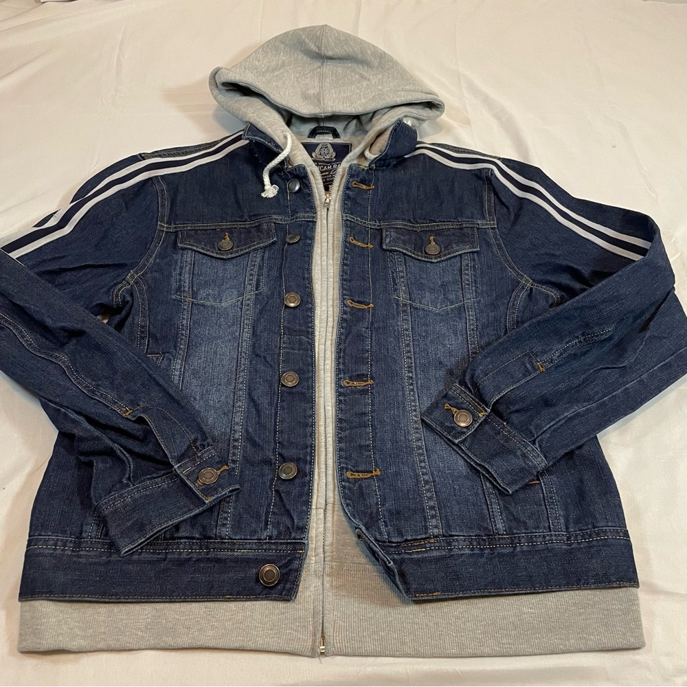 American‎ Rag Mens Denim Jacket Layered Hoodie Dark Wash Blue Grey Large